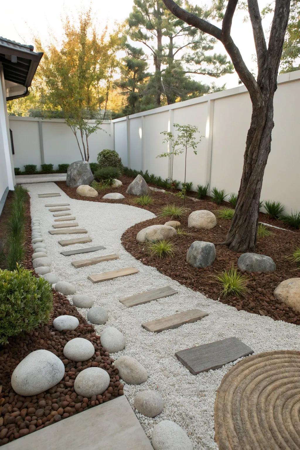 Embrace simplicity using minimalist stone and mulch designs.