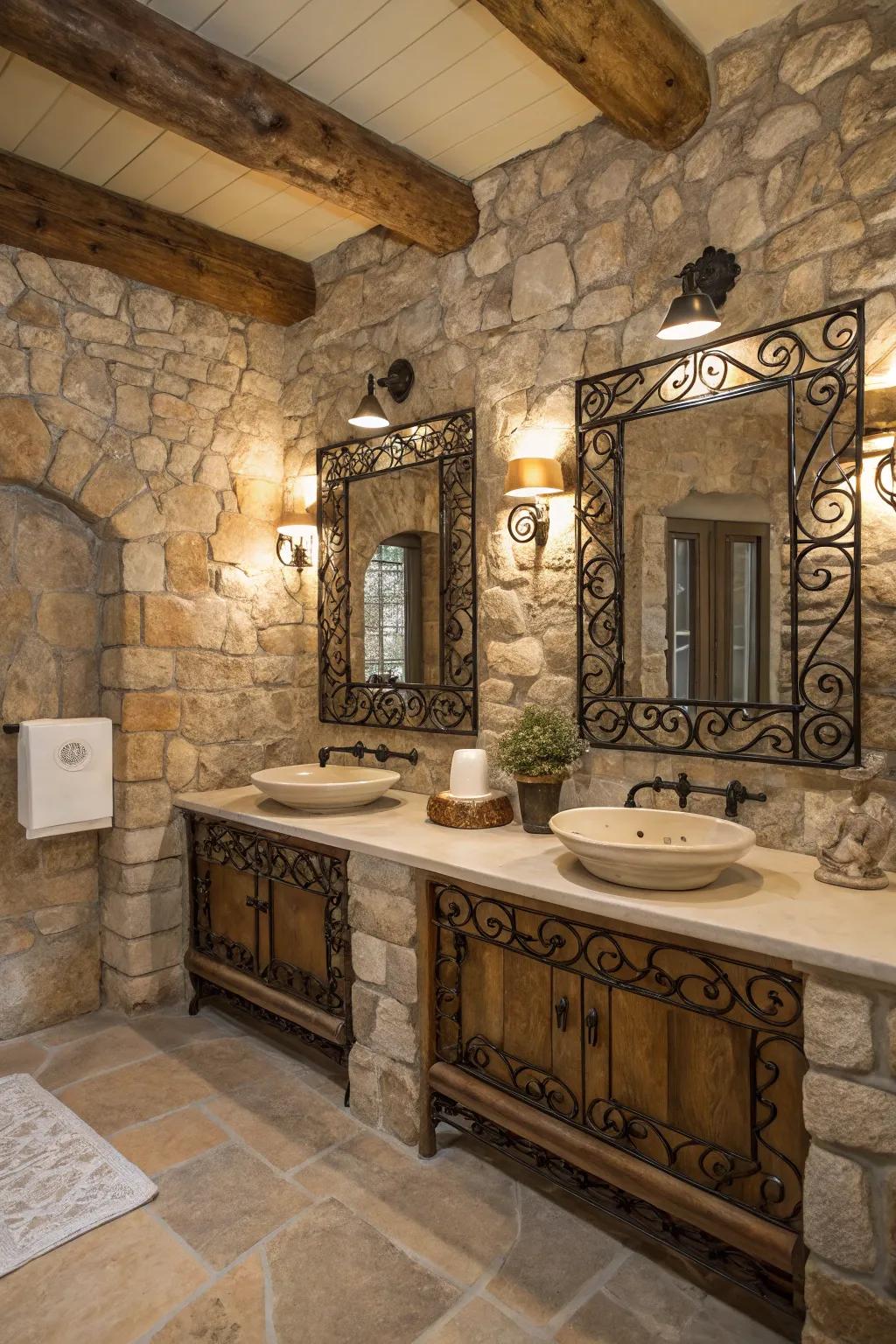 A stone bathroom featuring country touches, including wrought iron reflections.