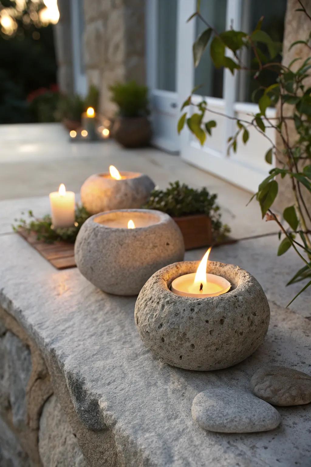 Earthy stone candle stands projecting a cozy evening glow.
