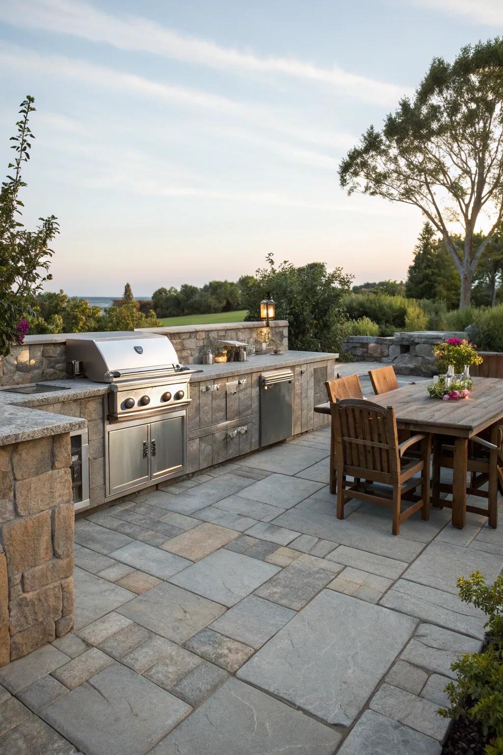A stone patio that includes a practical outdoor cooking space.