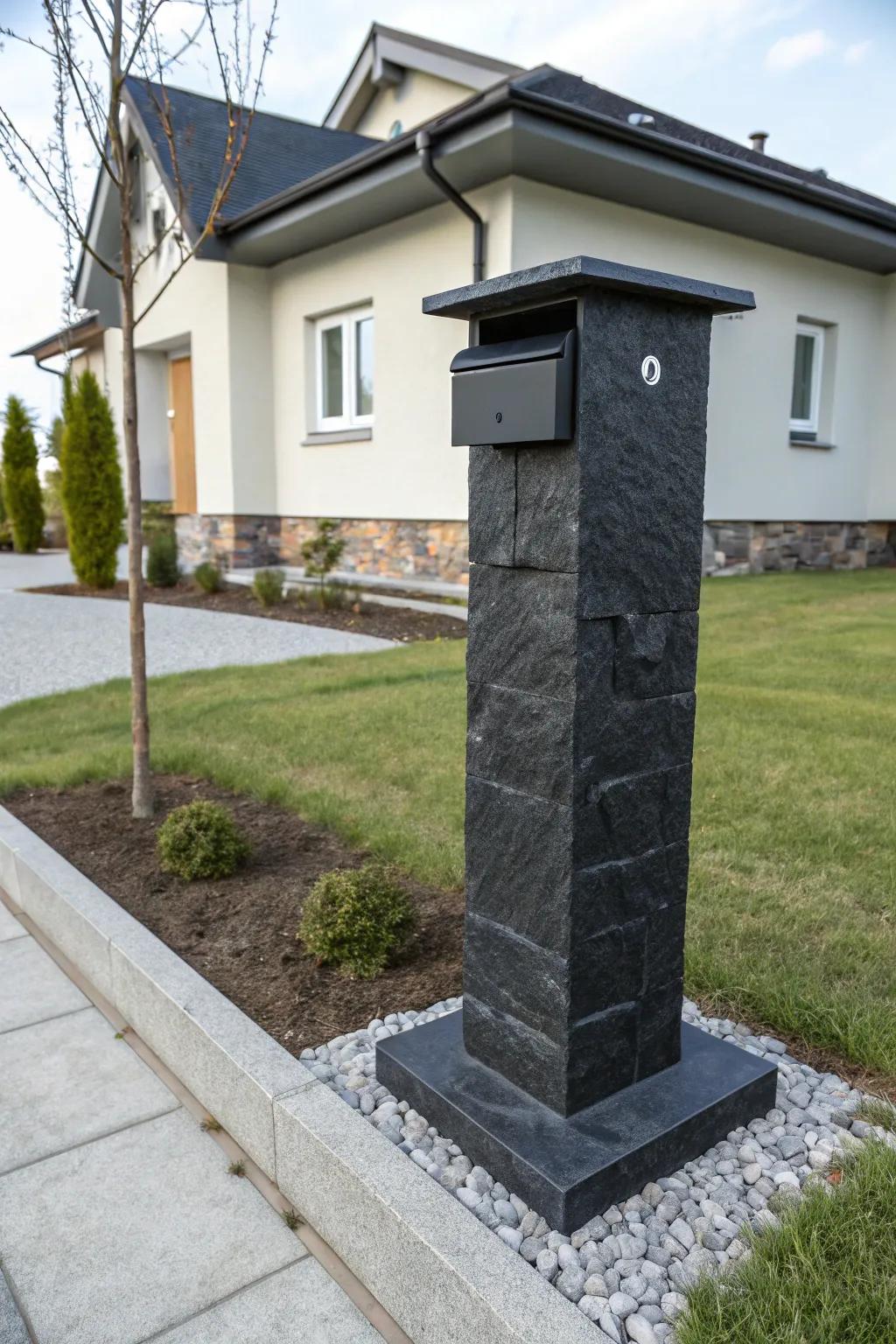 An impressive basalt mailbox pillar creating a bold impression.