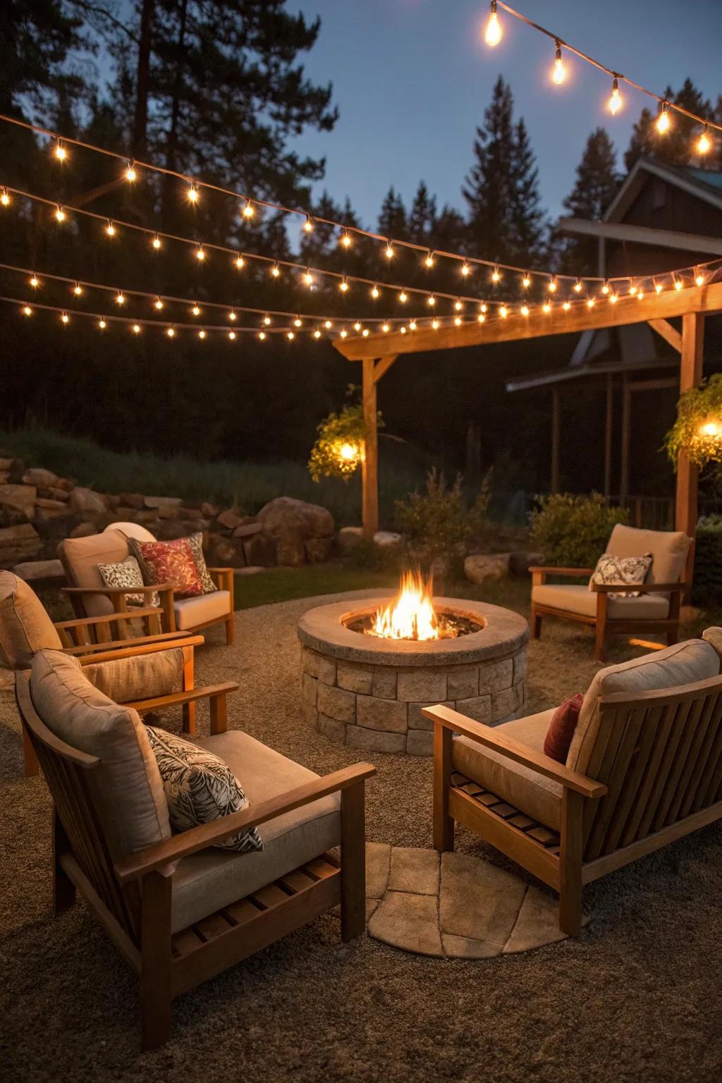 Tubular lights subtly delineate the fire pit space.