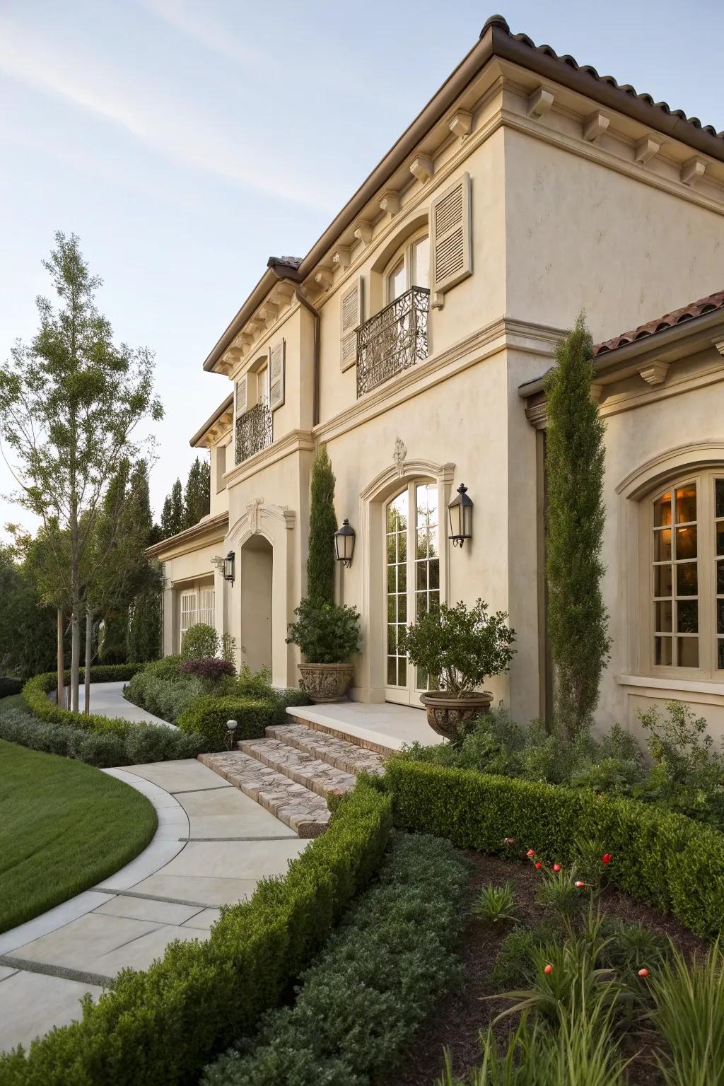 Cornerstones add classical elegance to this detailed stucco home.