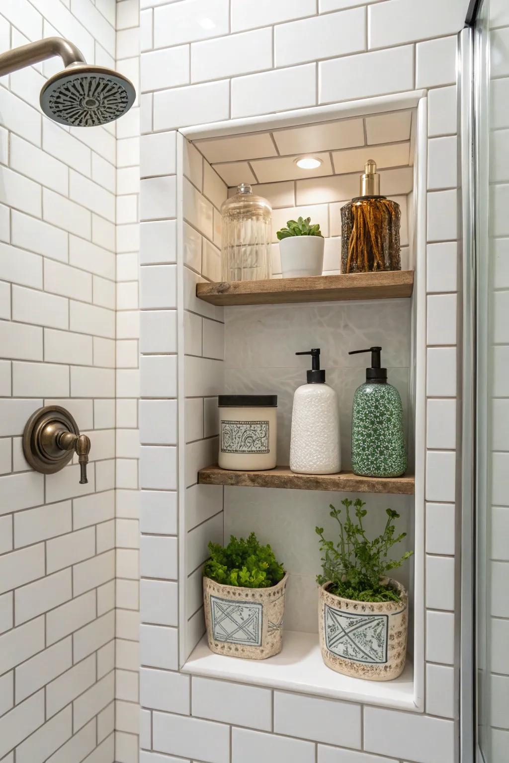 A shower niche with personalized accents.