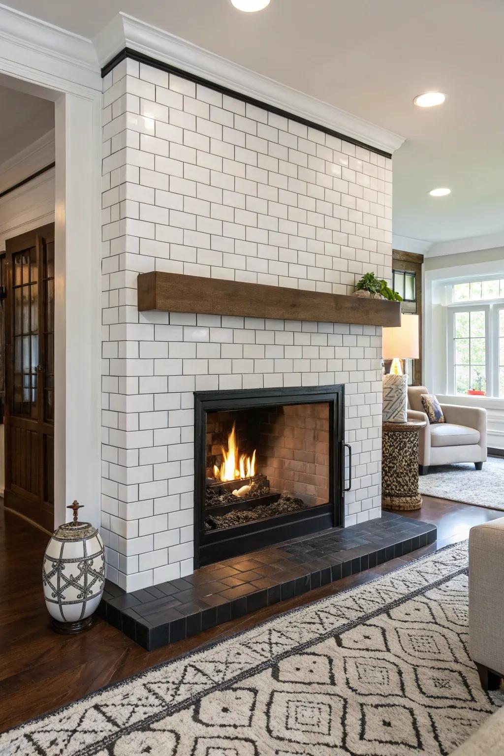 Contrasting mortar highlights the geometric elegance of rectangular tiles.