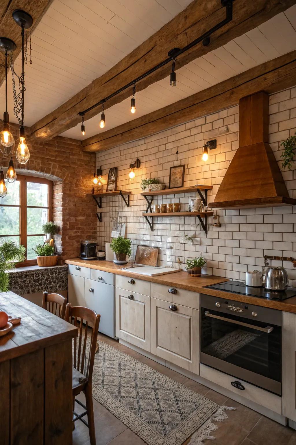 These brick-style standard tiles give this kitchen a cozy, rustic charm.