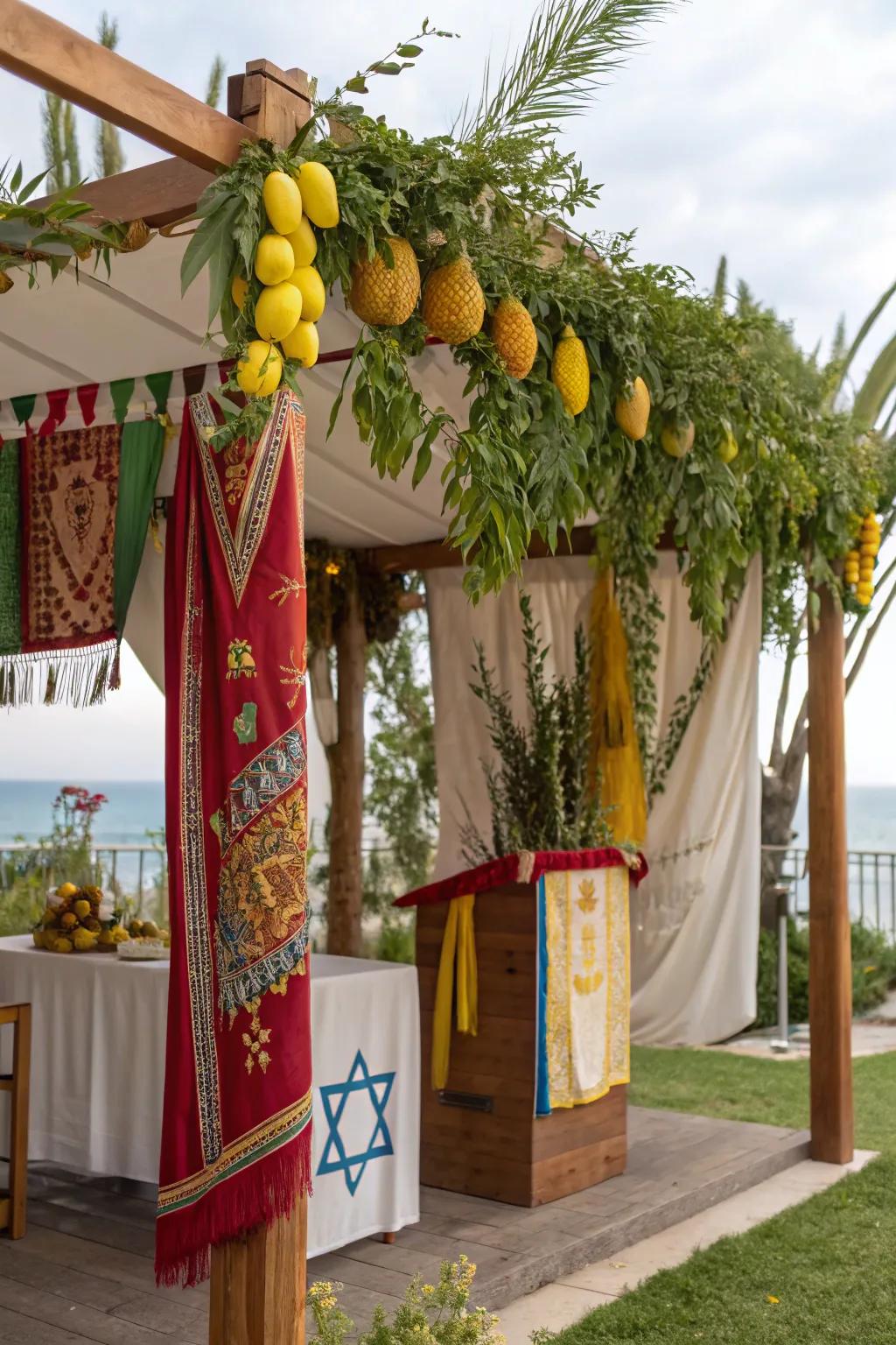 A culturally enriched sukkah highlighting traditional symbols like the etrog and lulav.