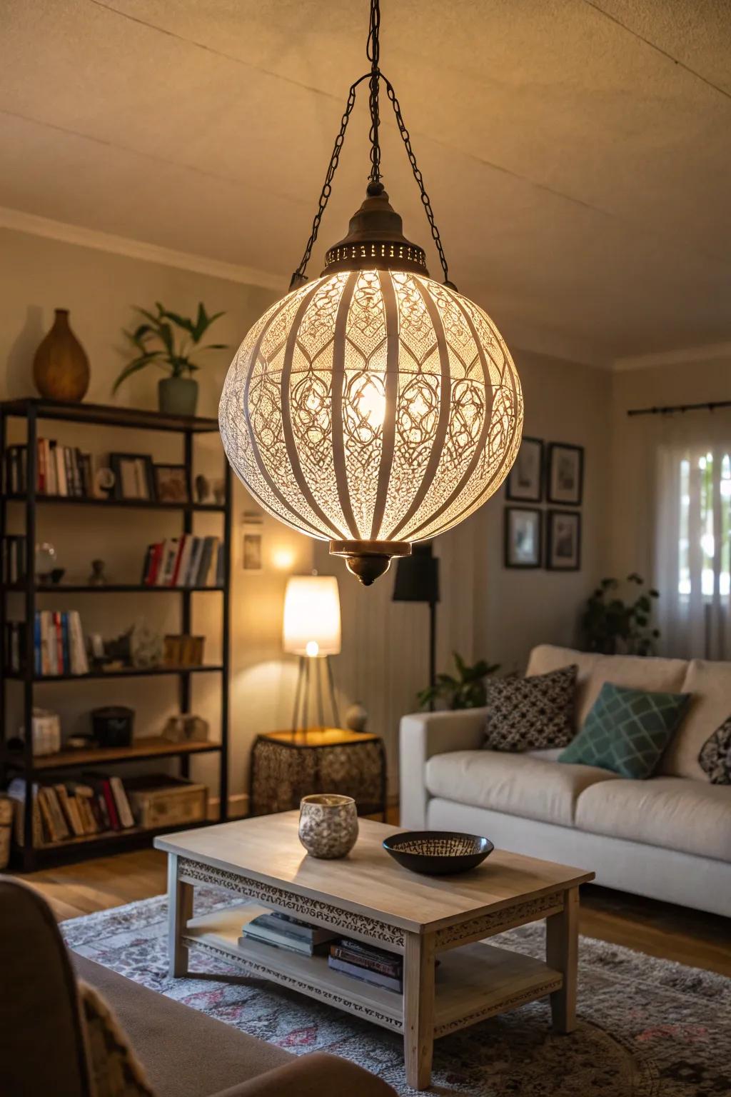 An eye-catching light fixture introduces charm and character.
