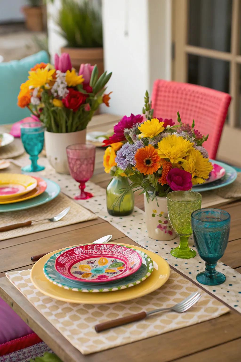 A dining table with radiant dinnerware and themed focal pieces.