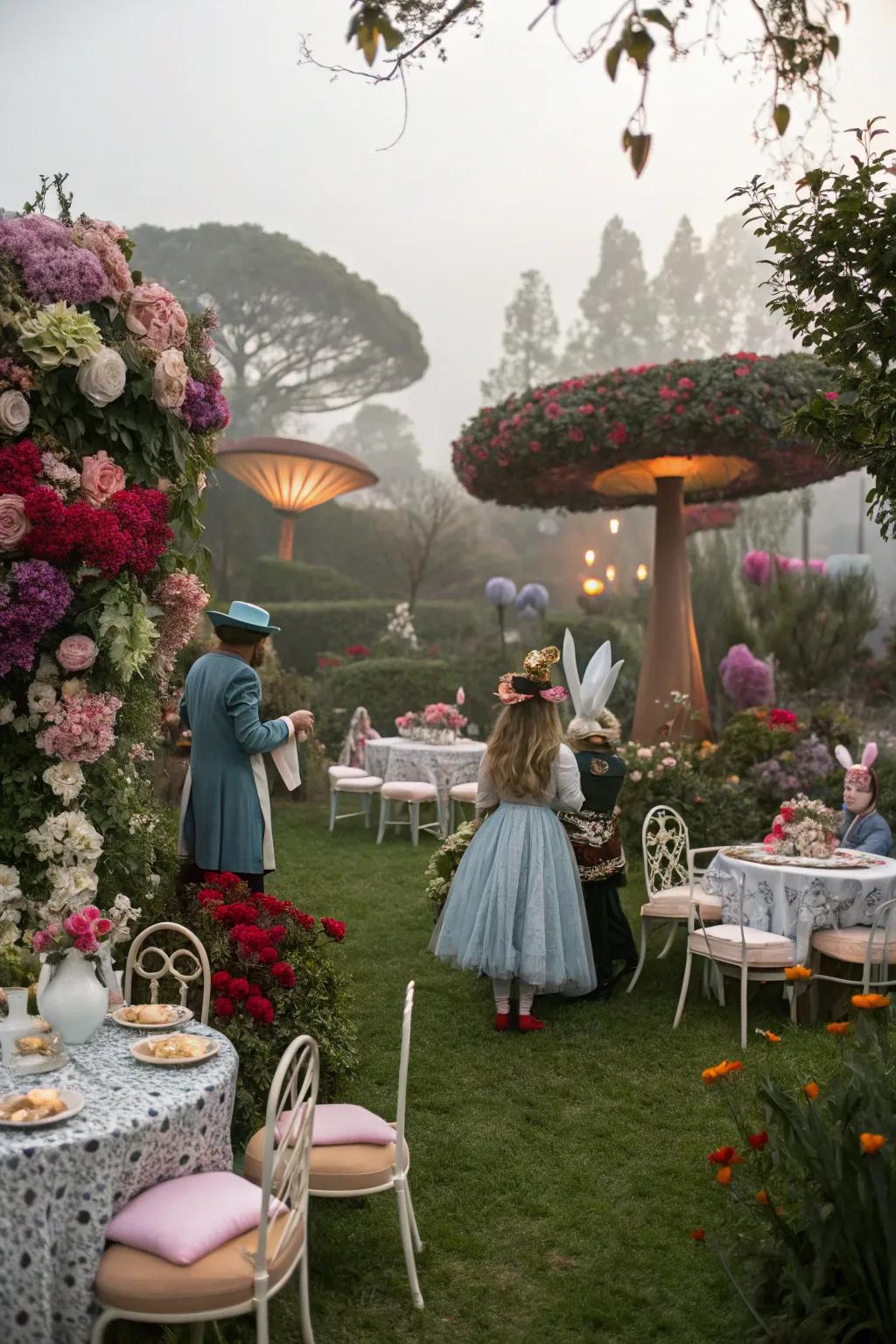 A whimsical garden party inspired by Alice in Wonderland.