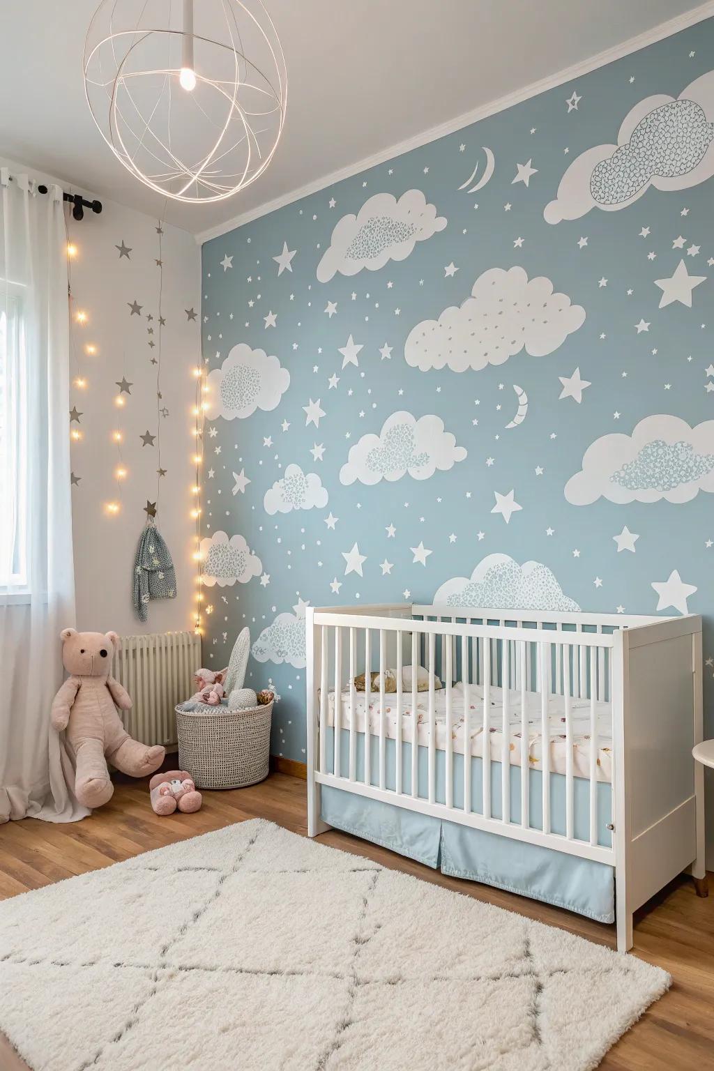 Fashion an airy space using sky-inspired wall covering.
