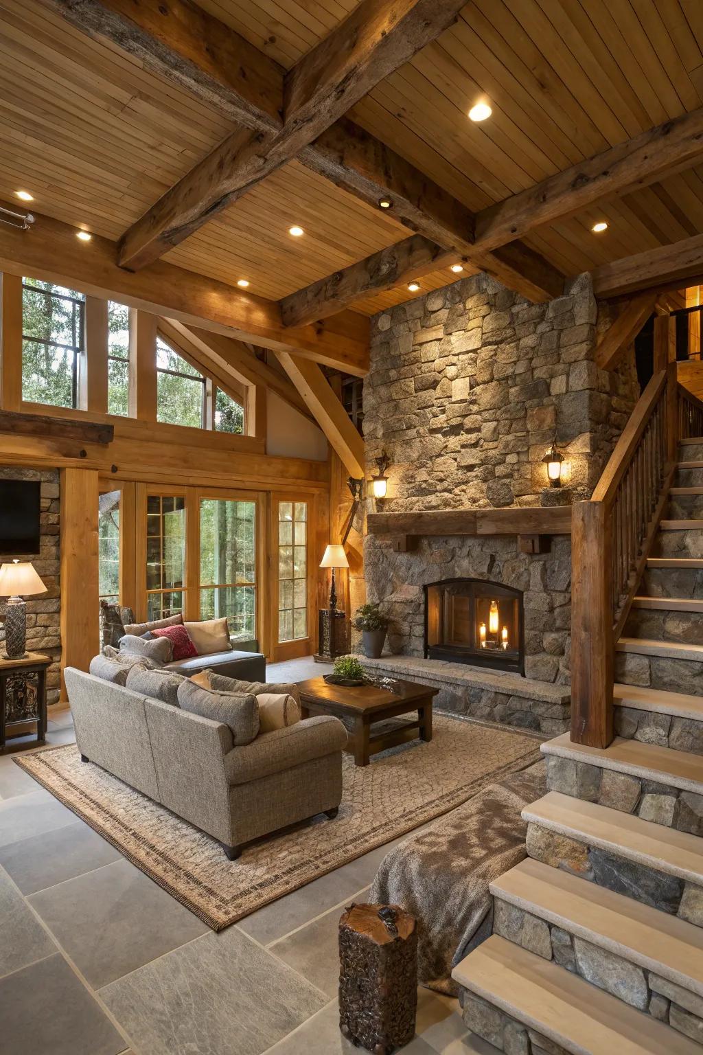 A recessed living room featuring timber and rock elements.