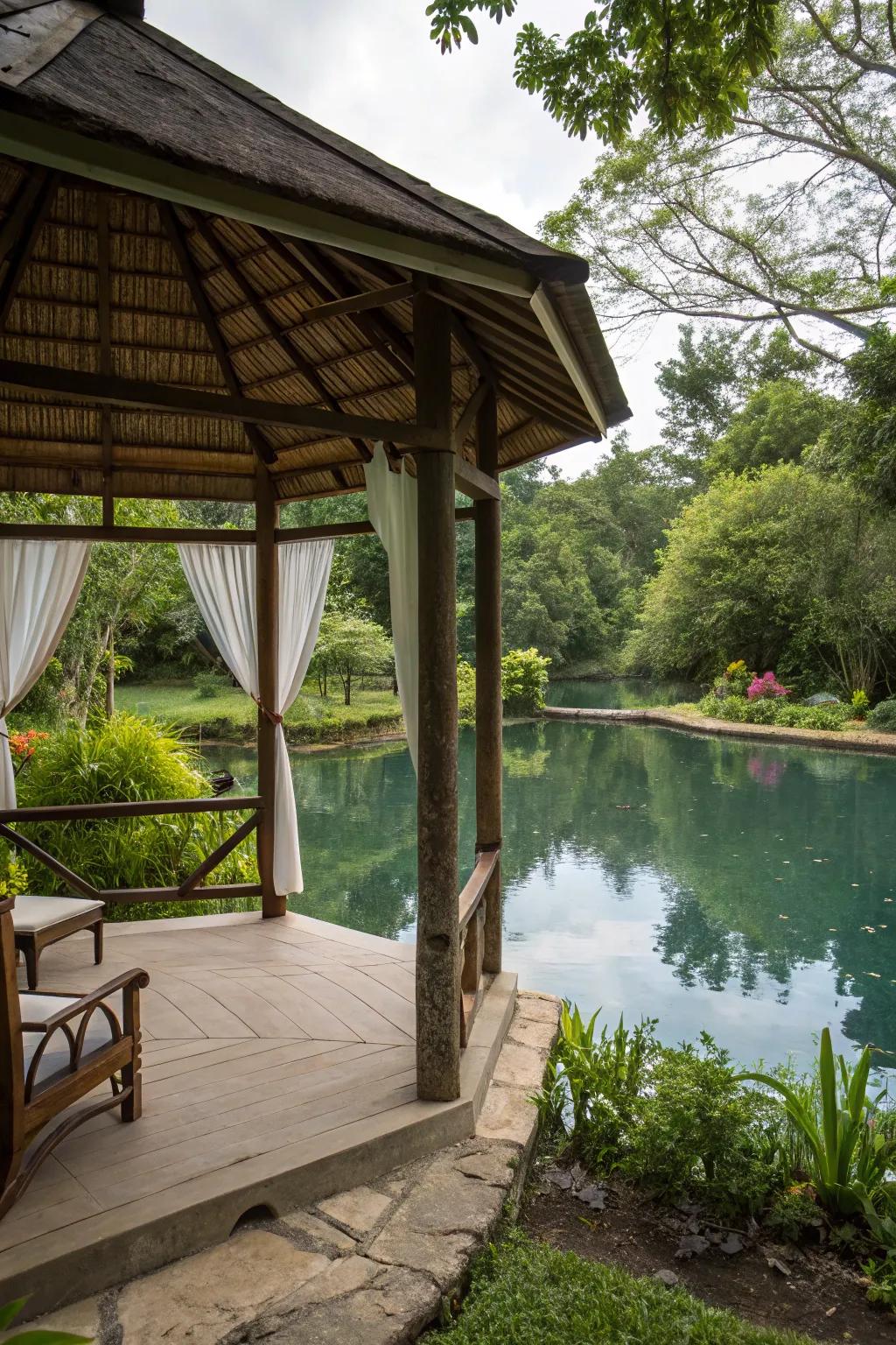 An appealing gazebo provides shade and an impeccable pond panorama.