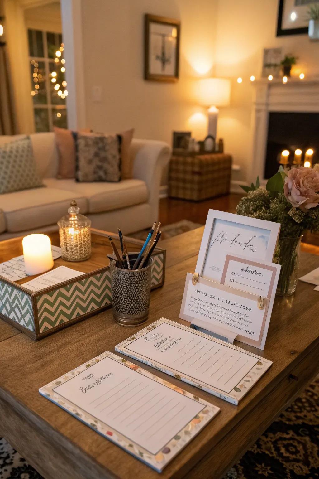Wisdom notes offer guests an opportunity to share guidance, resulting in a cherished keepsake.