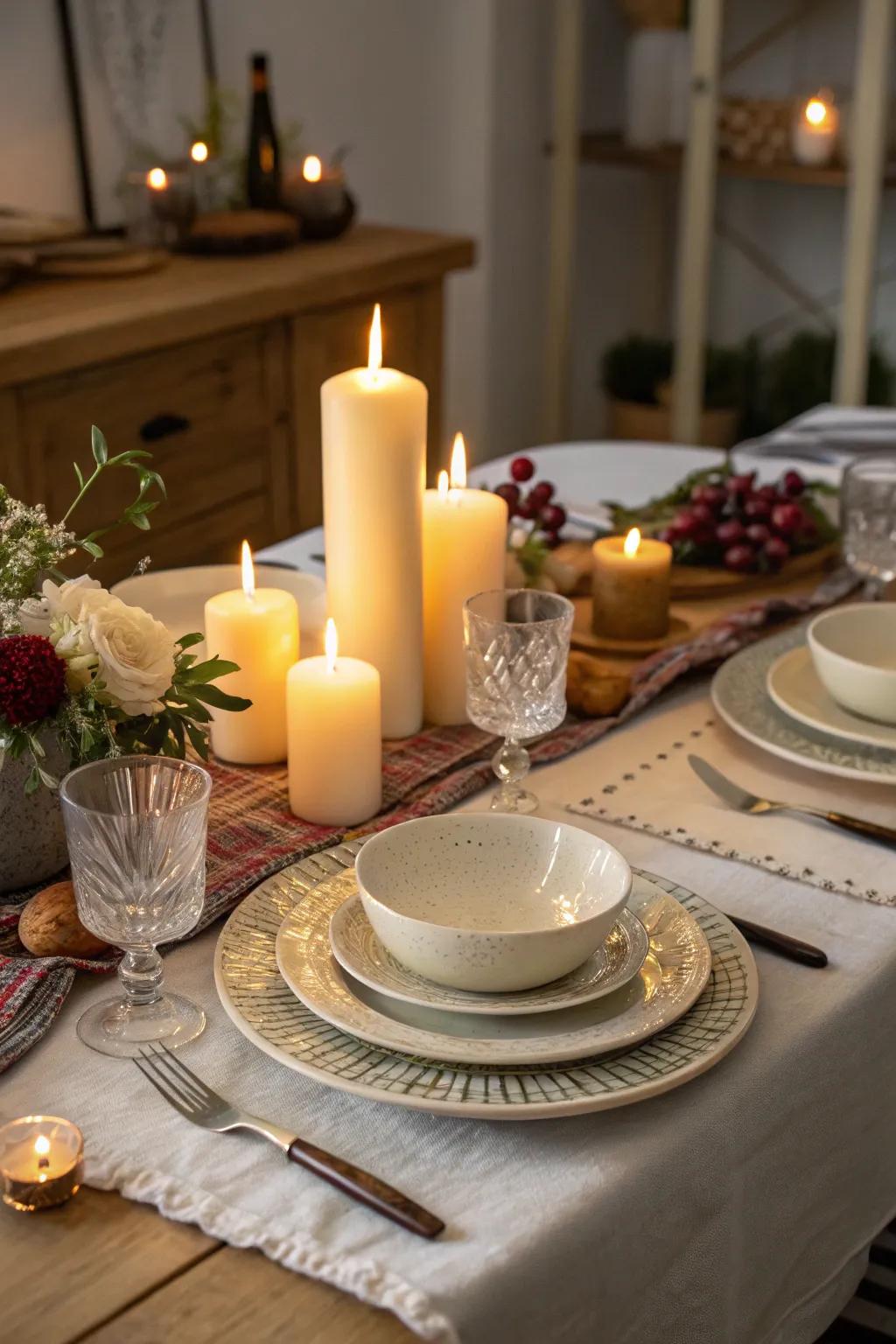 Illuminants bestow warmth and a mesmerizing radiance upon the tablescape.
