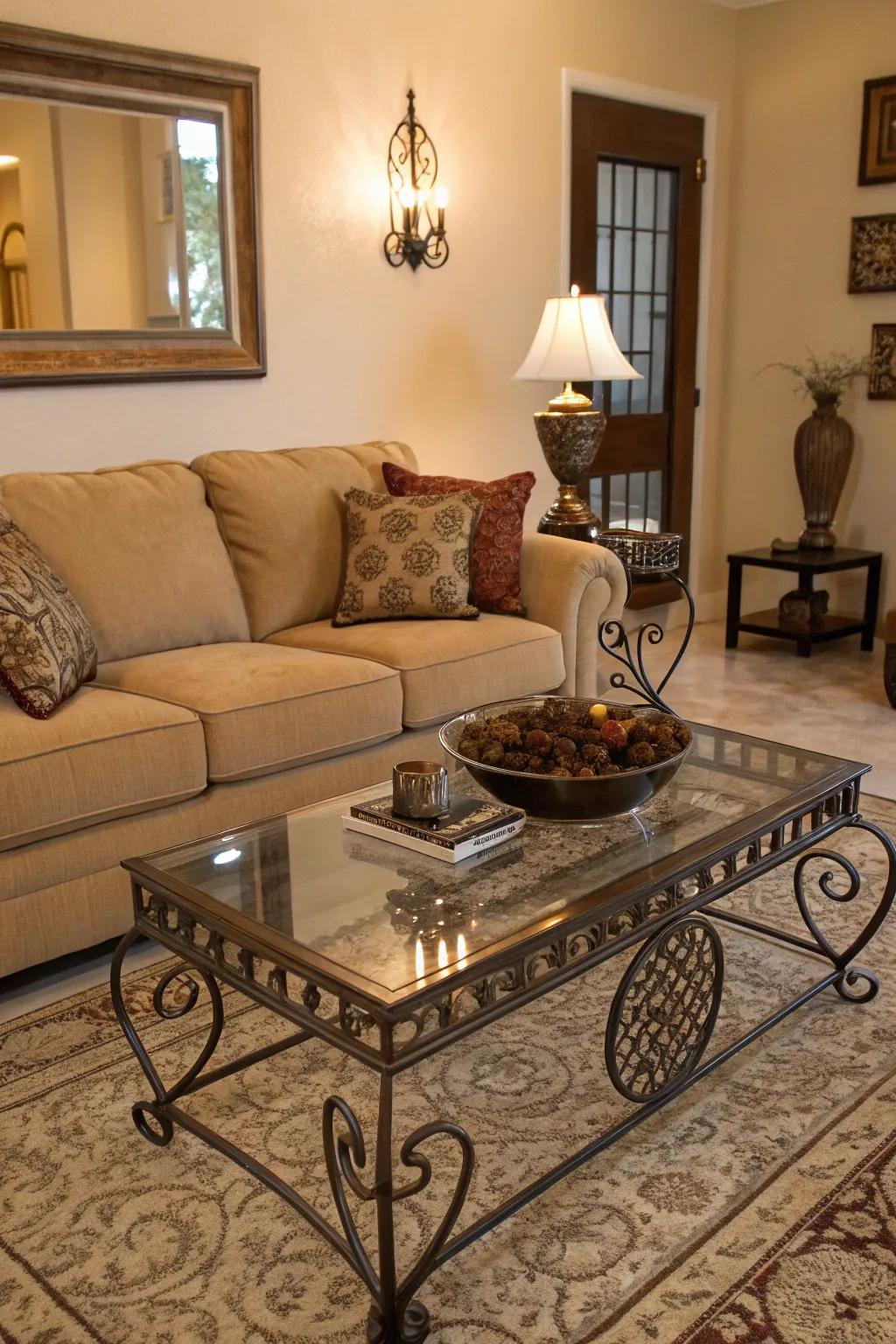 Varied materials introduce dimension and appeal to a beige sofa setting.