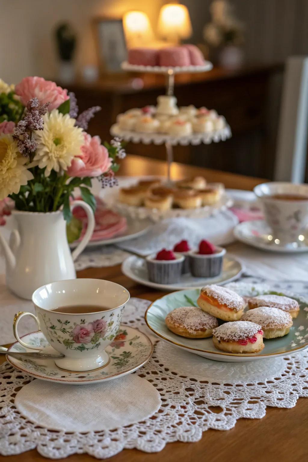 Delicate doilies add a vintage touch to the table decor.