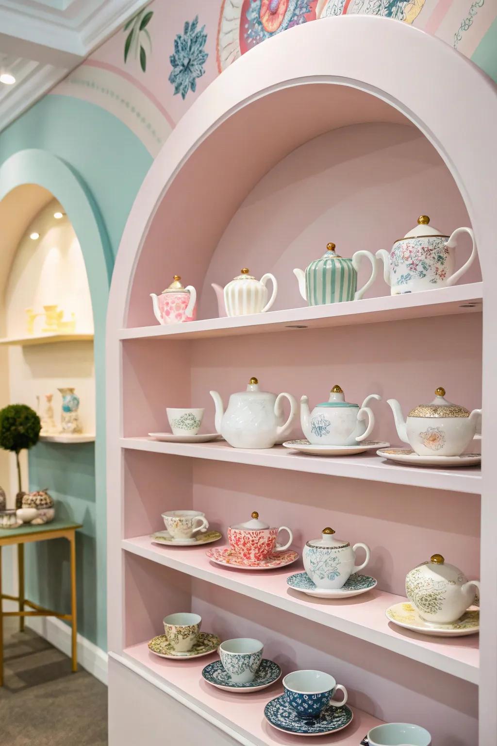 A tea service utilized as creative expression on open display units.