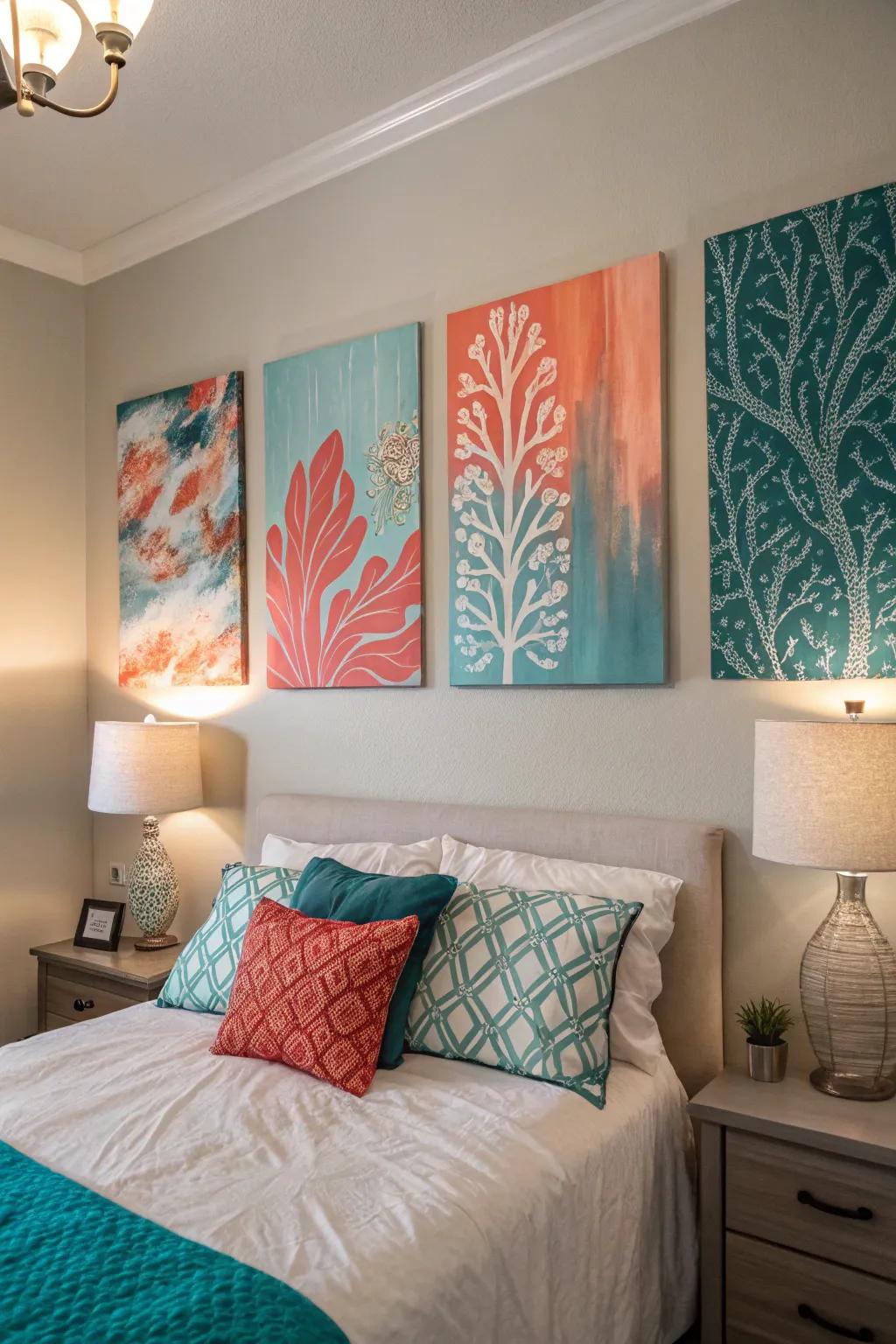 Art in teal and coral creates a harmonious visual effect.