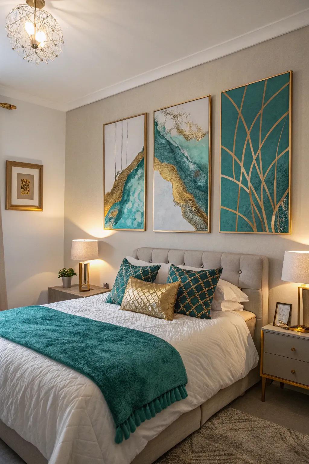 Conceptual artwork in azure and gold enhances the creative mood of this bedroom.