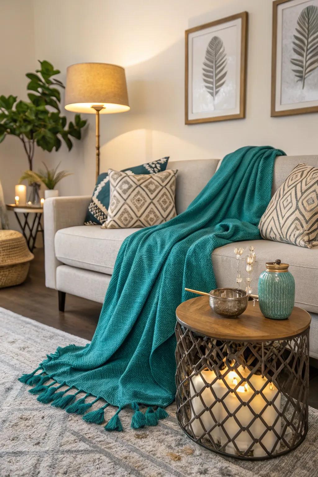 An azure throw introduces comfort and surface feel to this welcoming family room.