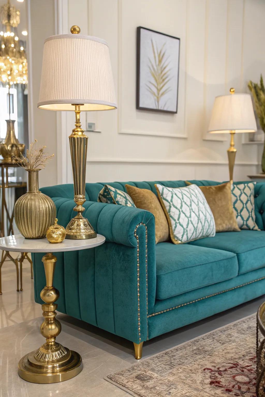 Metallic accents introduce a hint of glamour to a sapphire sofa setting.
