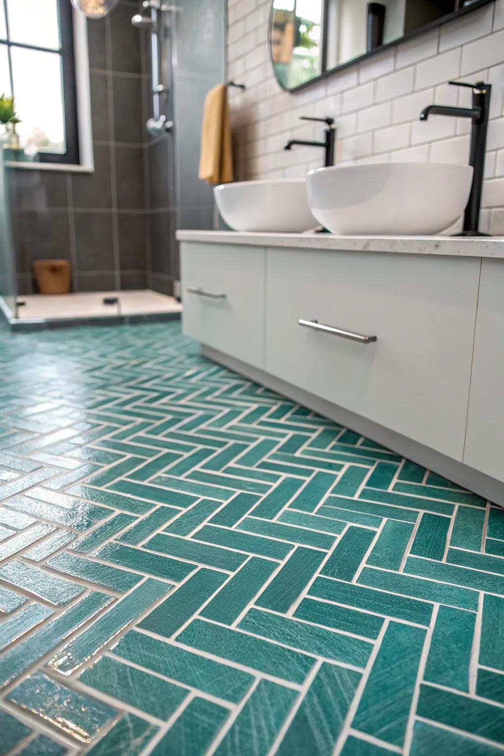 In your bathroom, aqua brick flooring can serve as a bold statement piece.