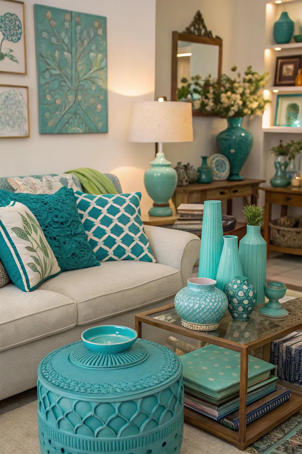 Unique teal and turquoise accessories offer an individual feel.