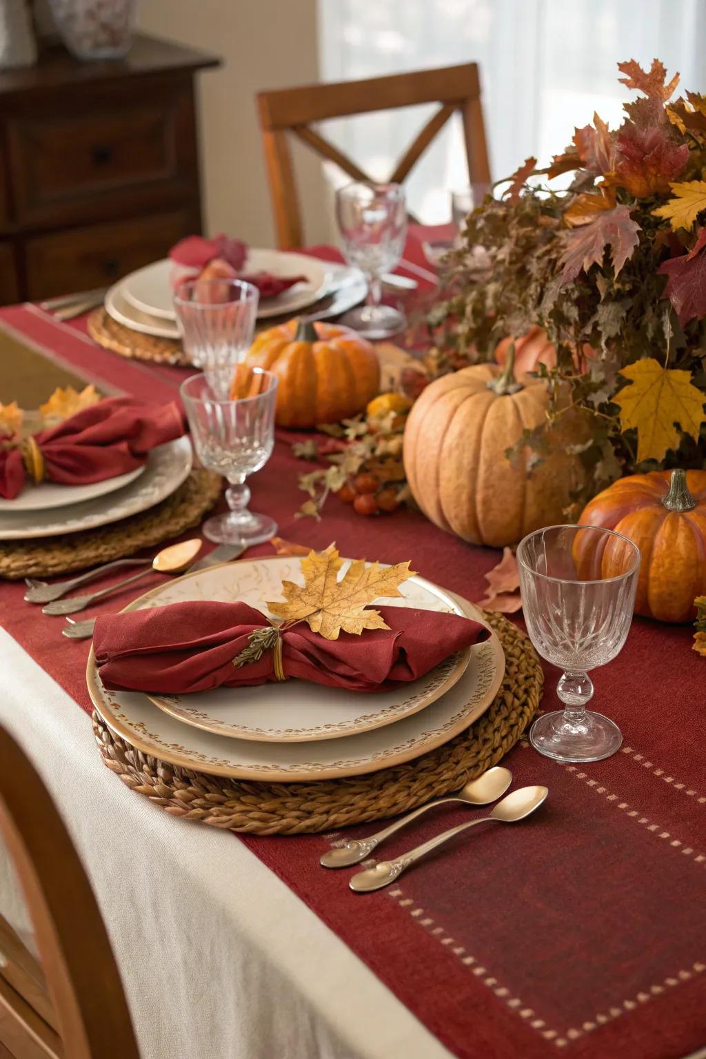 Rich table linens beautifully enhance your centerpiece.
