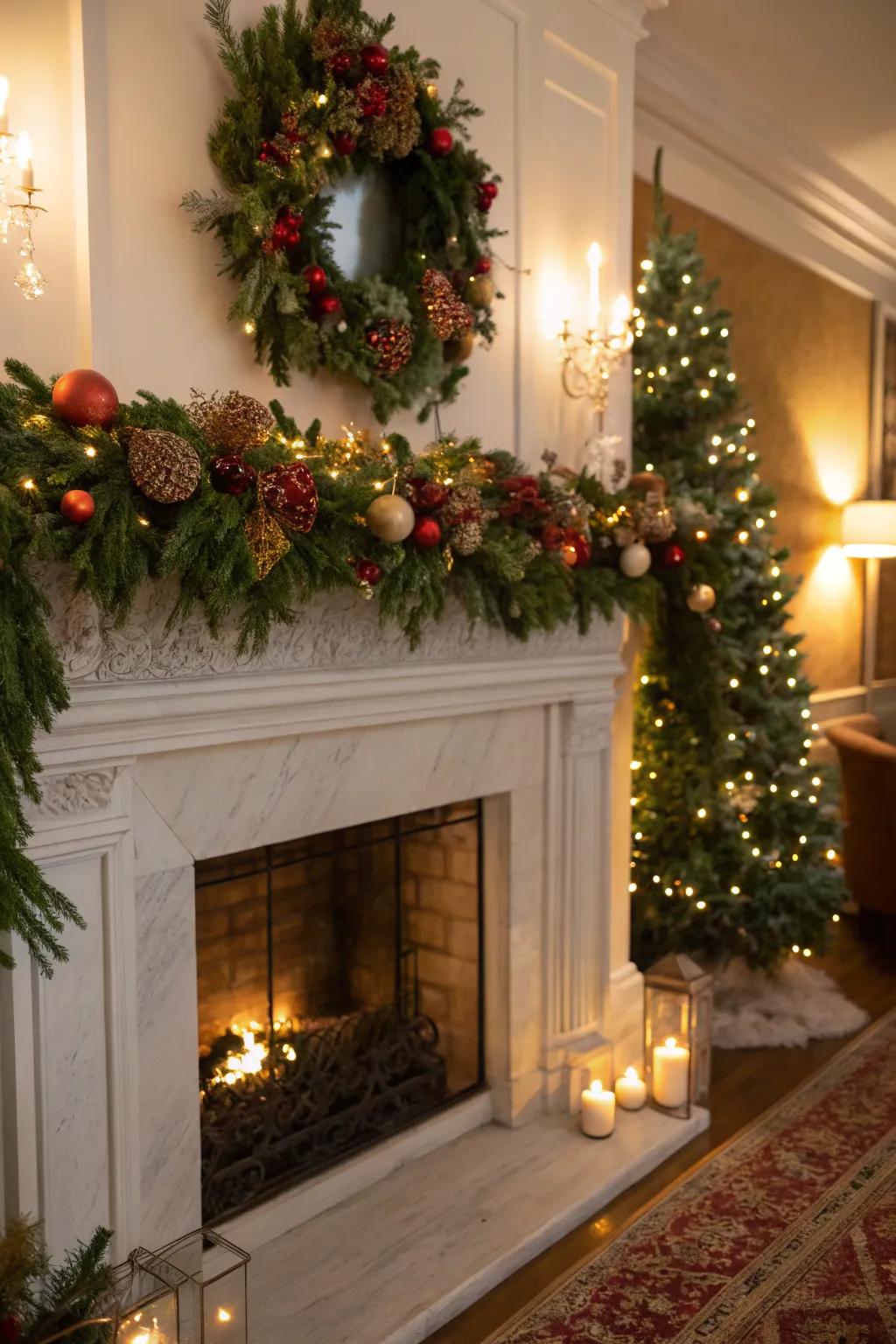 A comfortable mantel adorned with swags and fairy lights.