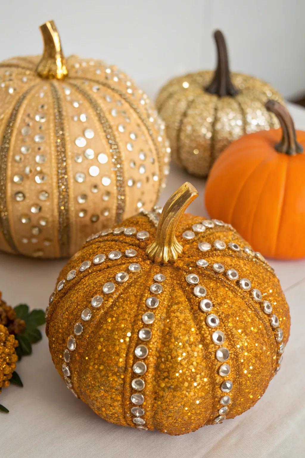 Glamorous spangled pumpkins, contributing to a sparkling ornamentation.