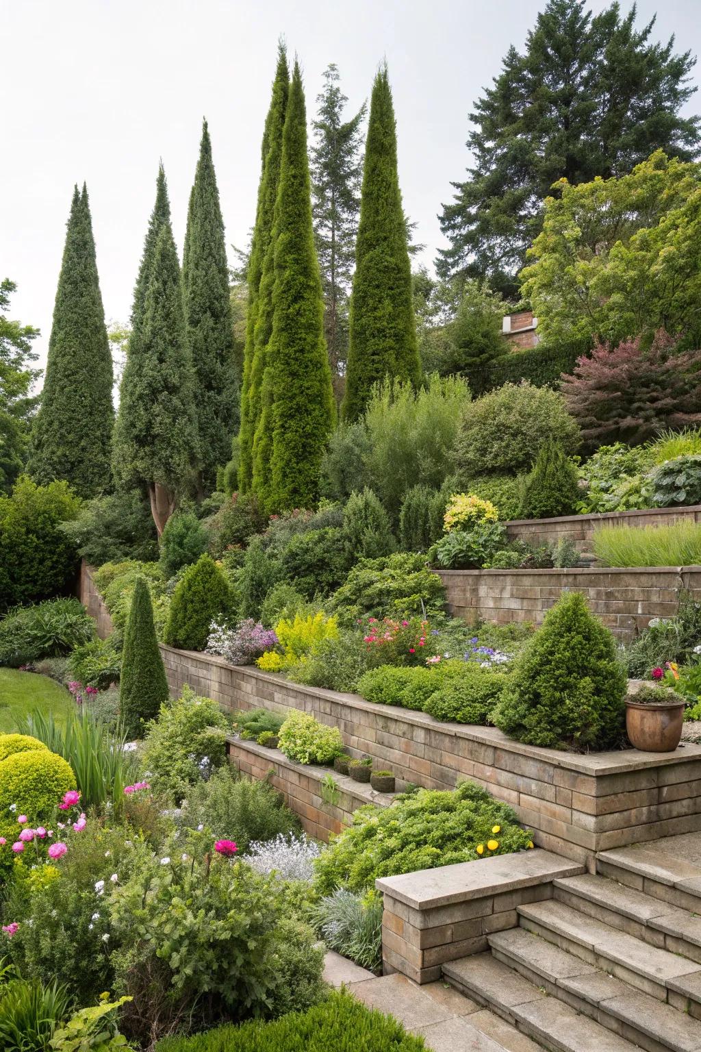 Enhance your garden's depth with multi-level planting using Evergreens.