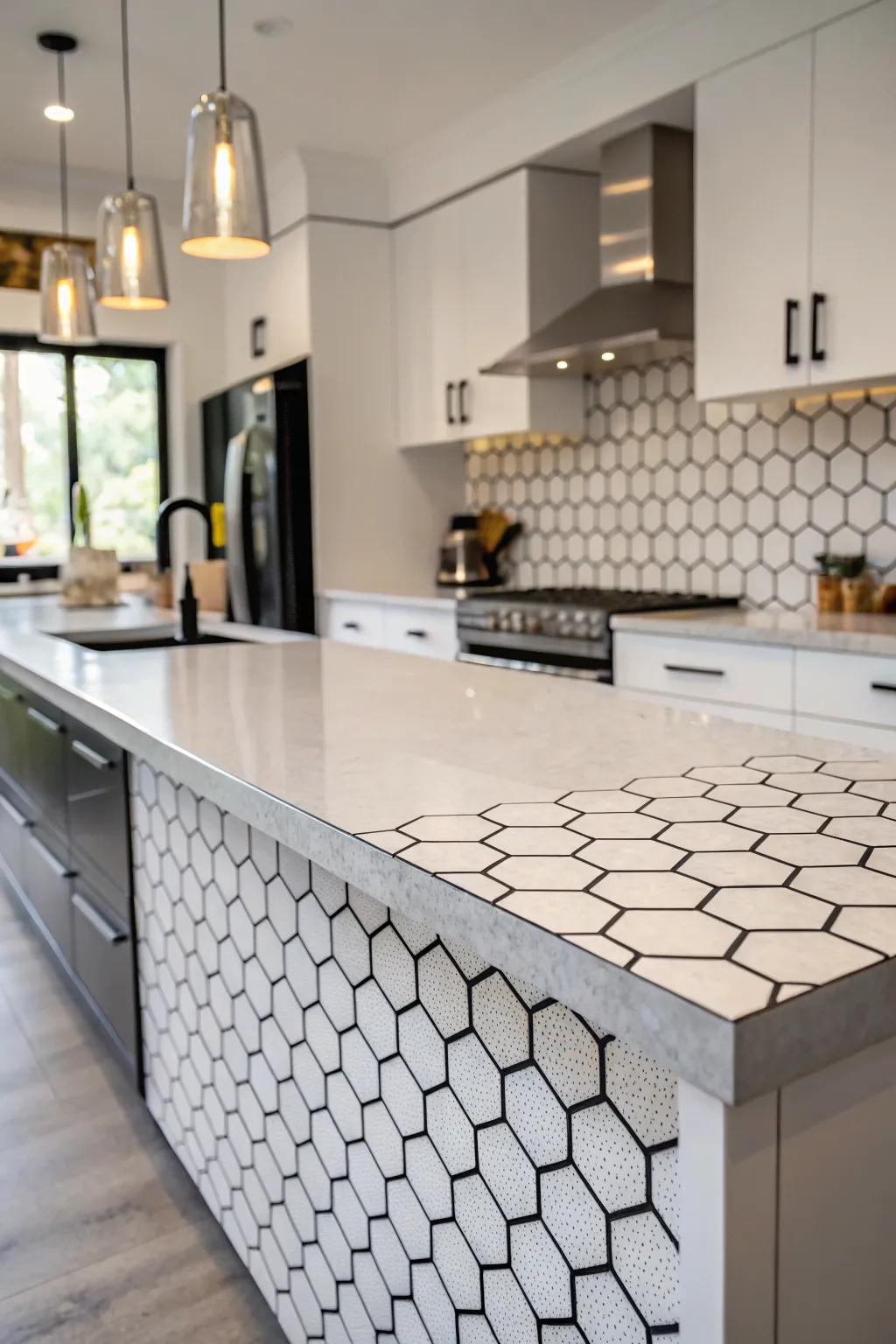 Rhomboid squares contribute geometric detail to this modern cooking area.