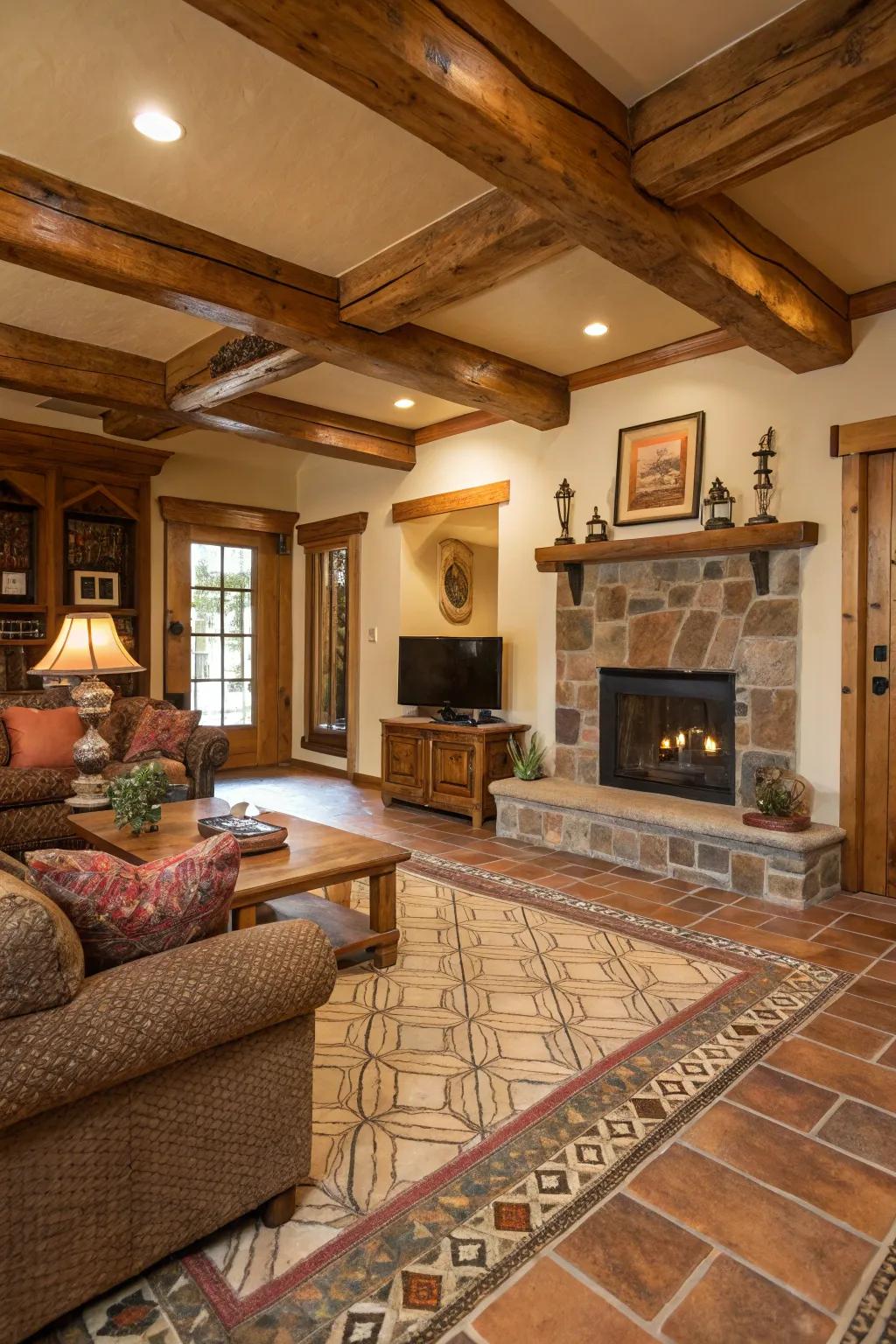 Wooden trims bring warmth and a rustic touch to tiled areas.