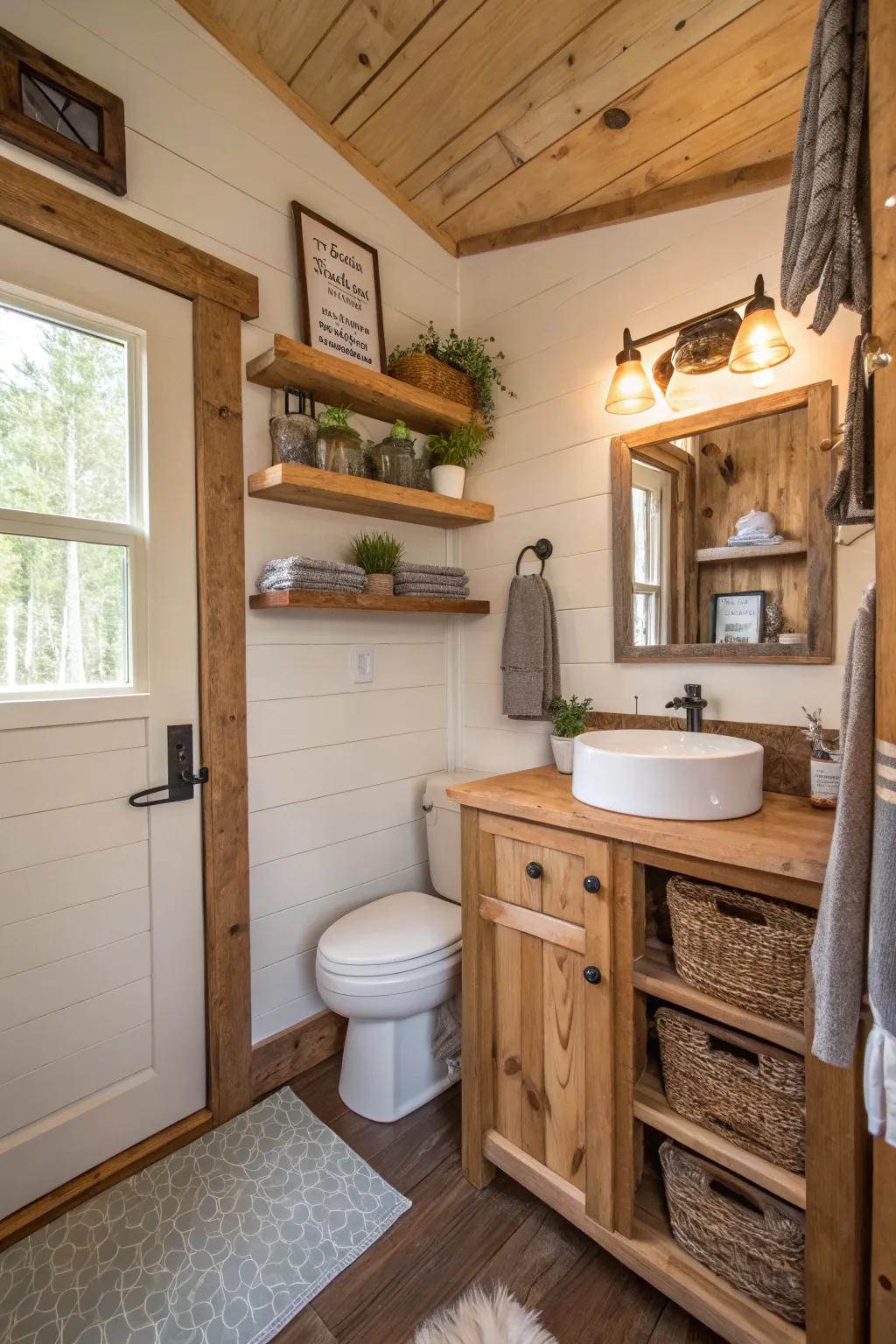 Natural wood accents add warmth to this tiny bathroom.