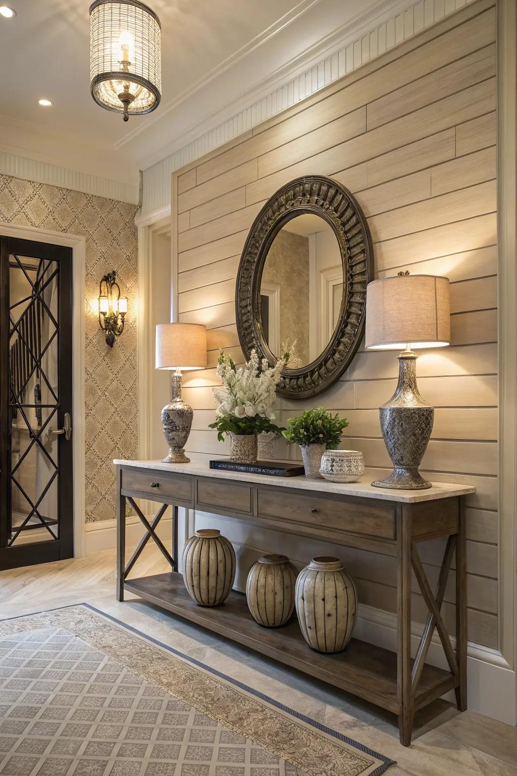 Elevate your foyer with the charm of shiplap walls.