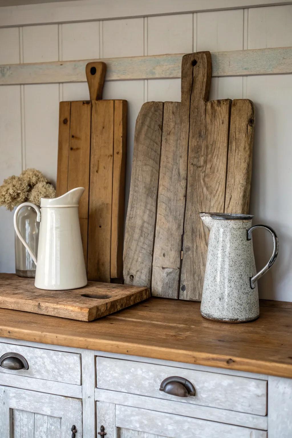 Embrace a farmhouse atmosphere with country relics atop your cabinets.