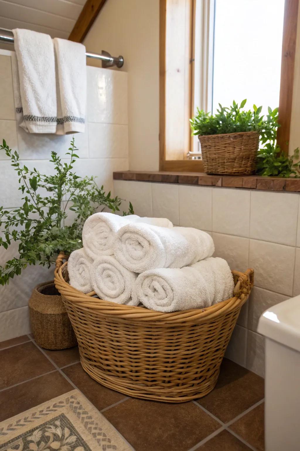 Baskets are a natural and useful way to store towels.