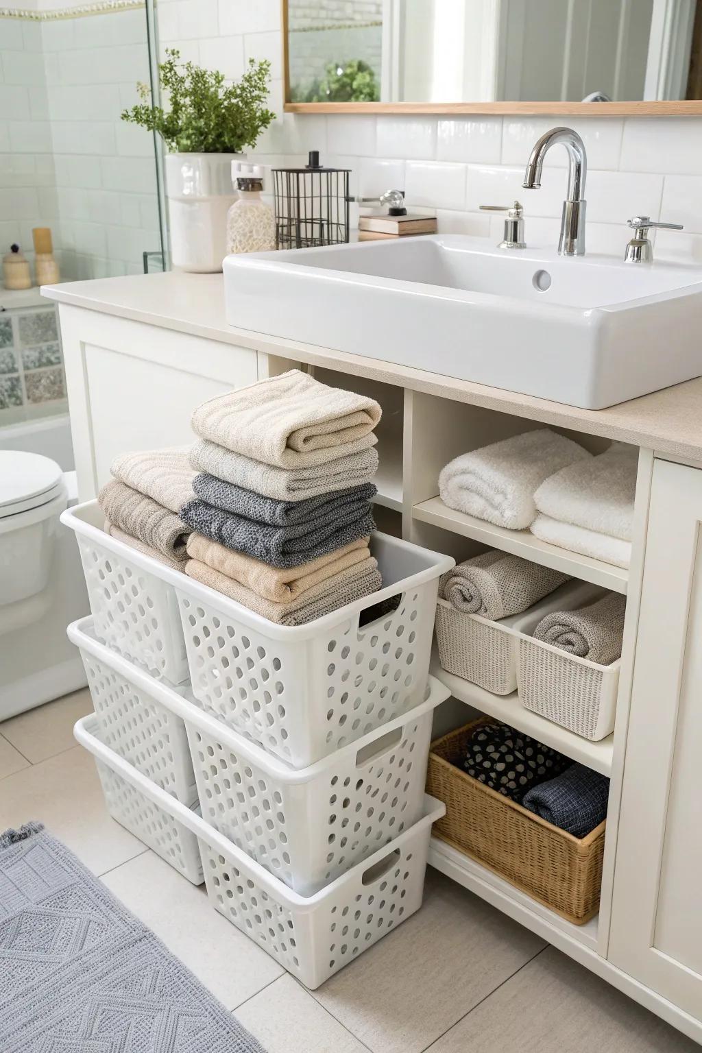 Utilize under-sink space for discrete towel storage.