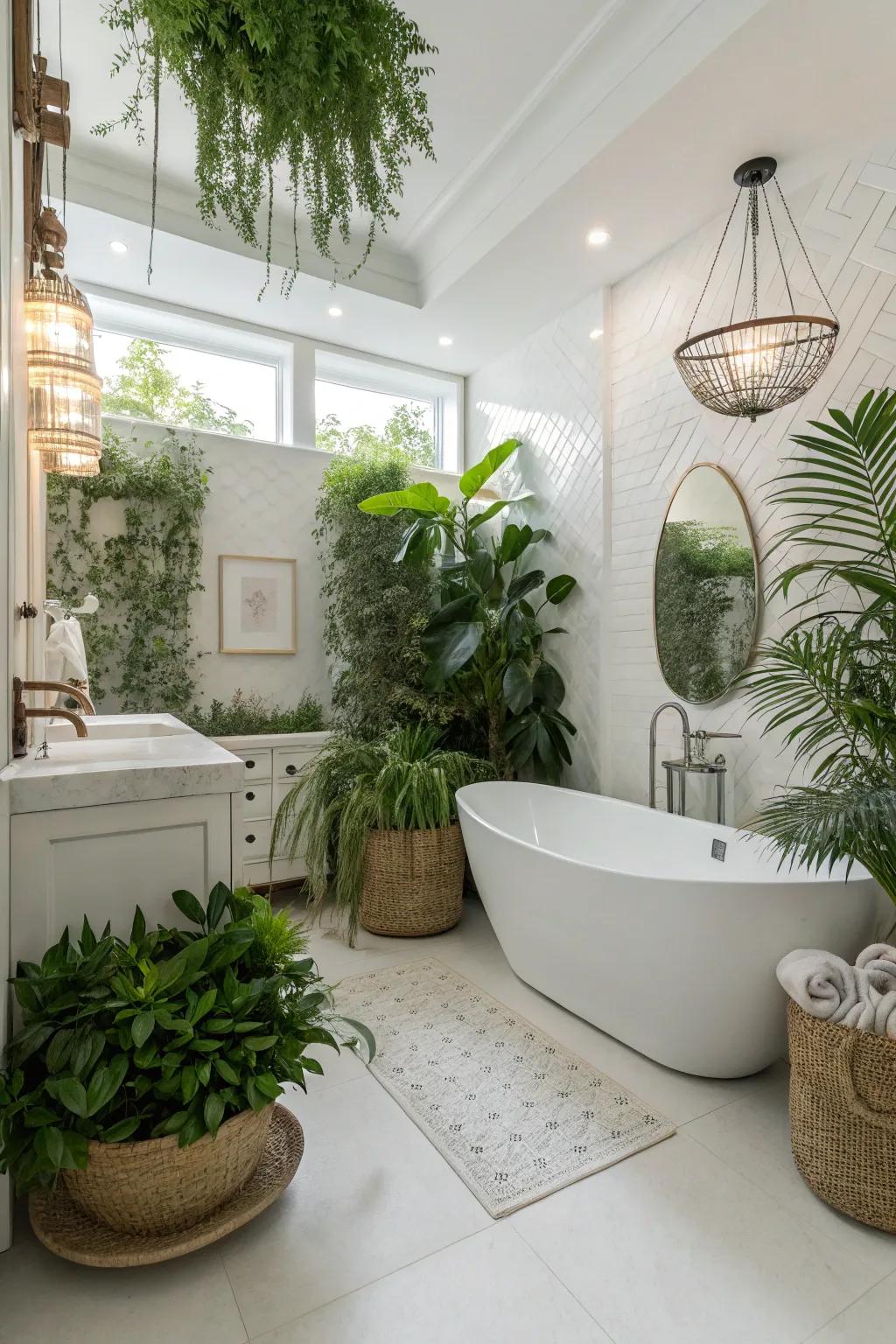 A white bathroom enlivened with verdant foliage, incorporating a refreshing touch.