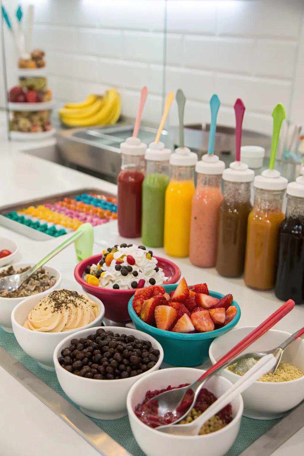 Ice cream sundae station featuring assorted toppings.