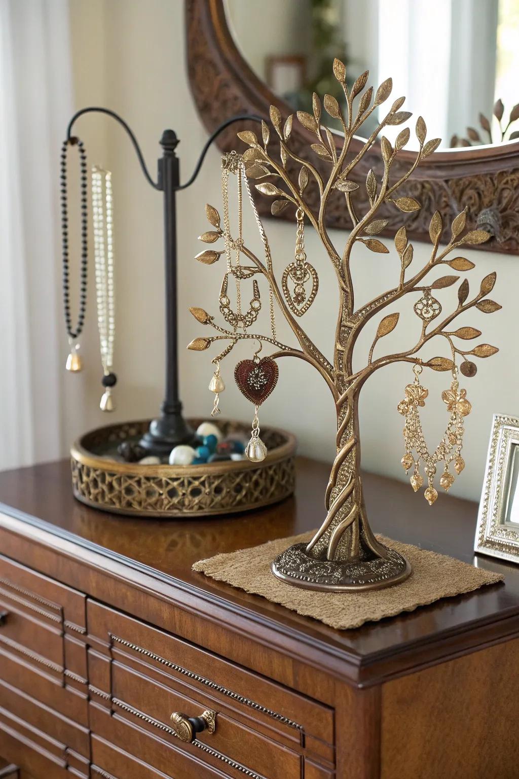 An elegant Arbor Vitae jewelry tree keeps treasures organized on a dresser.