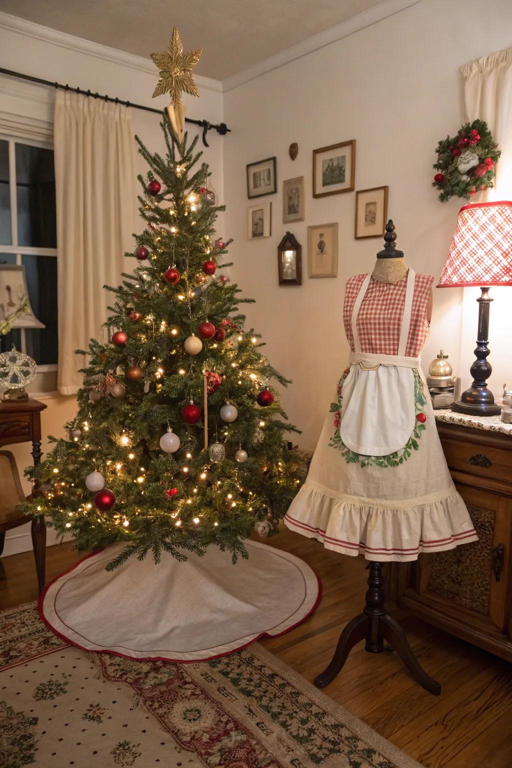 Repurpose a vintage apron for a distinctive and nostalgic tree skirt.