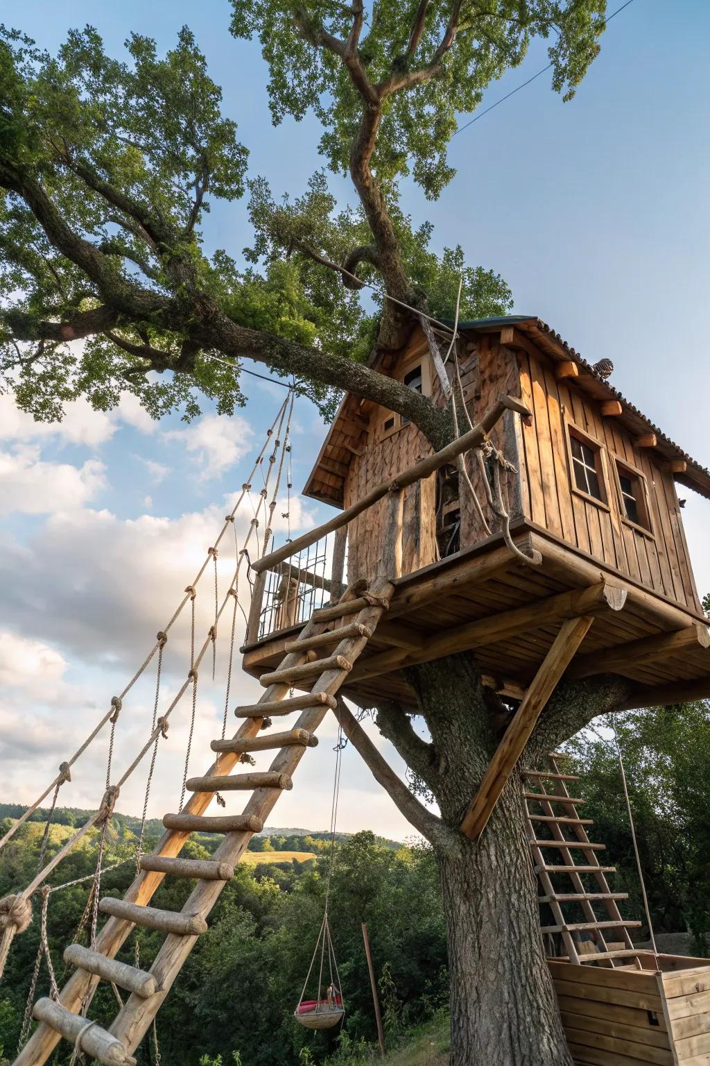 Whimsical design elements in a treehouse, featuring rope ladders and rustic beams.