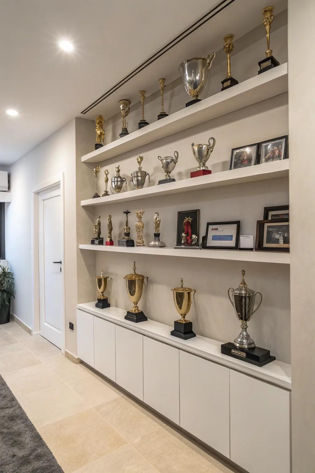 Refined wall-mounted trophy shelves