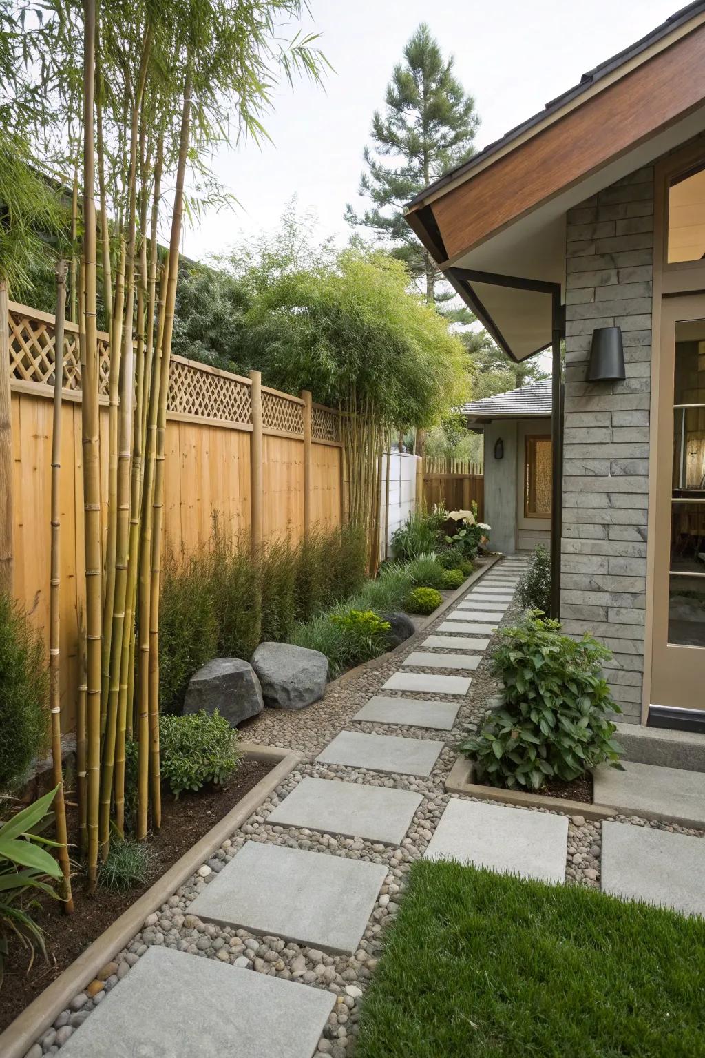 Wooden and stone elements provide an organic touch to the garden.