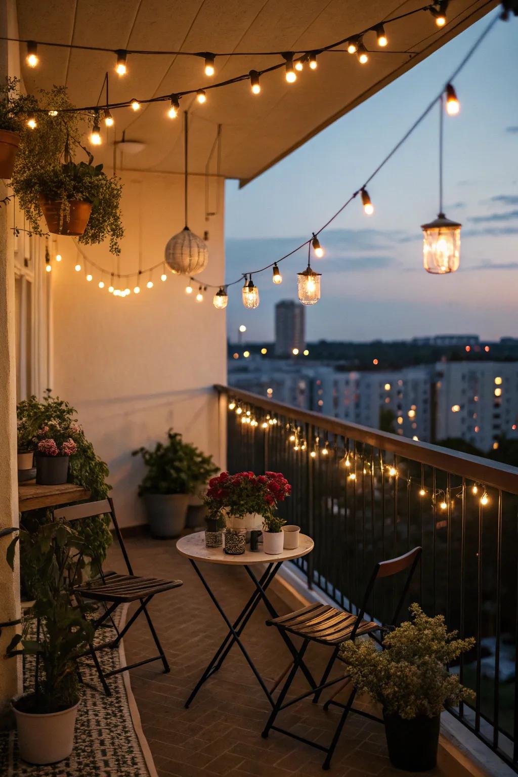 Brighten your balcony with charming string lights for evening leisure.