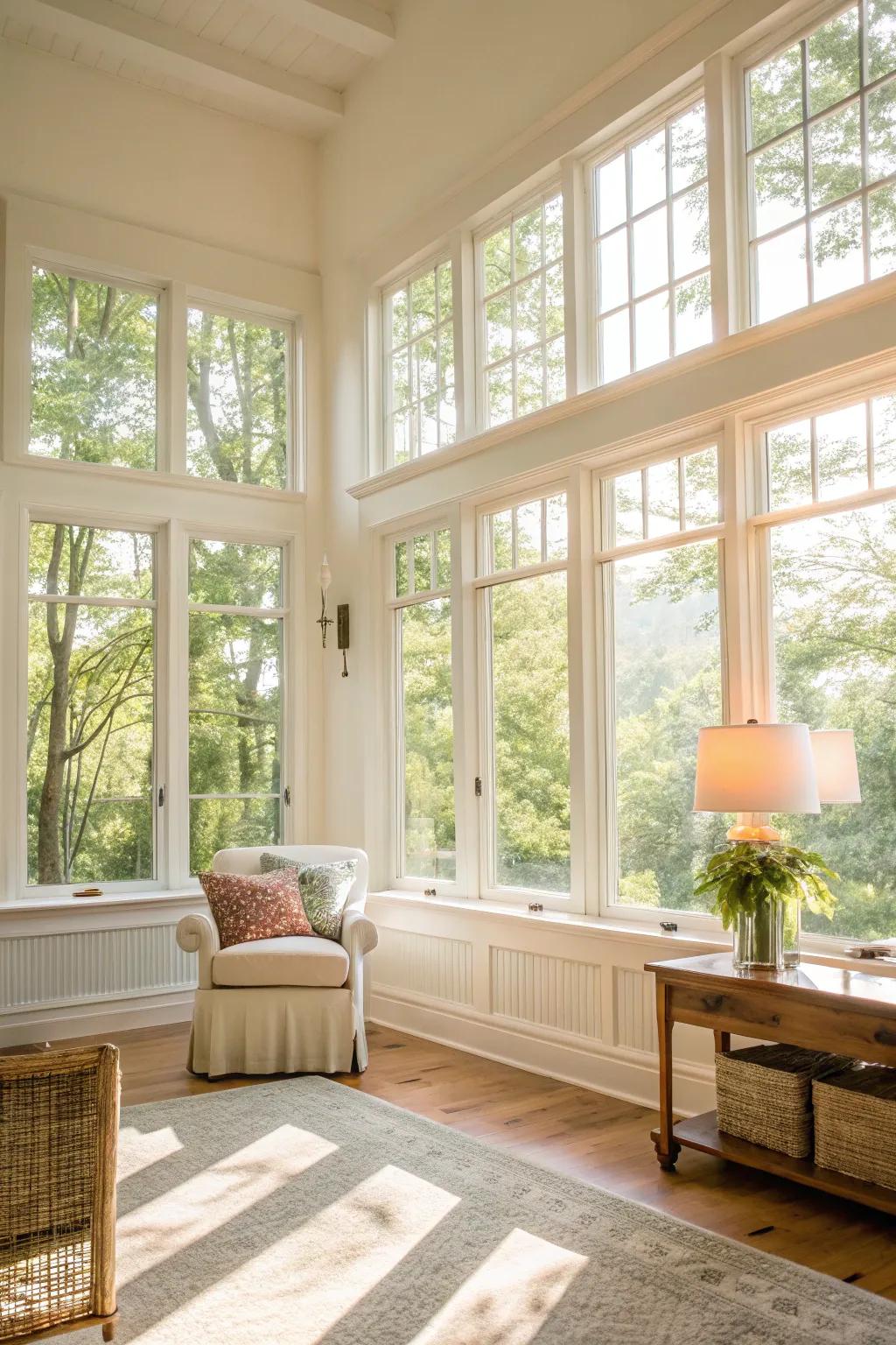 The incorporation of natural lighting creates an airy and bright atmosphere.
