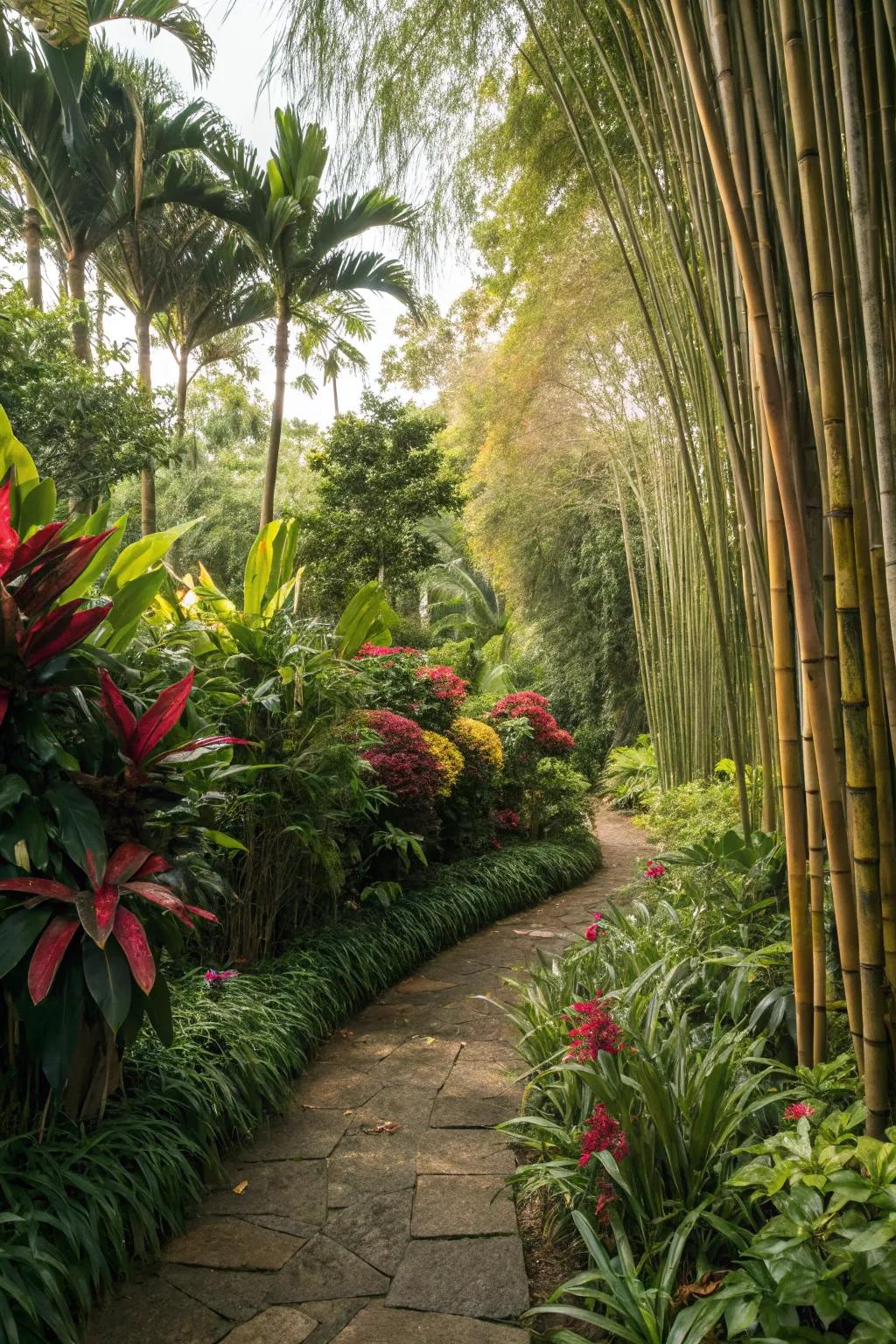 Tall plants creating a private, secluded tropical garden oasis.