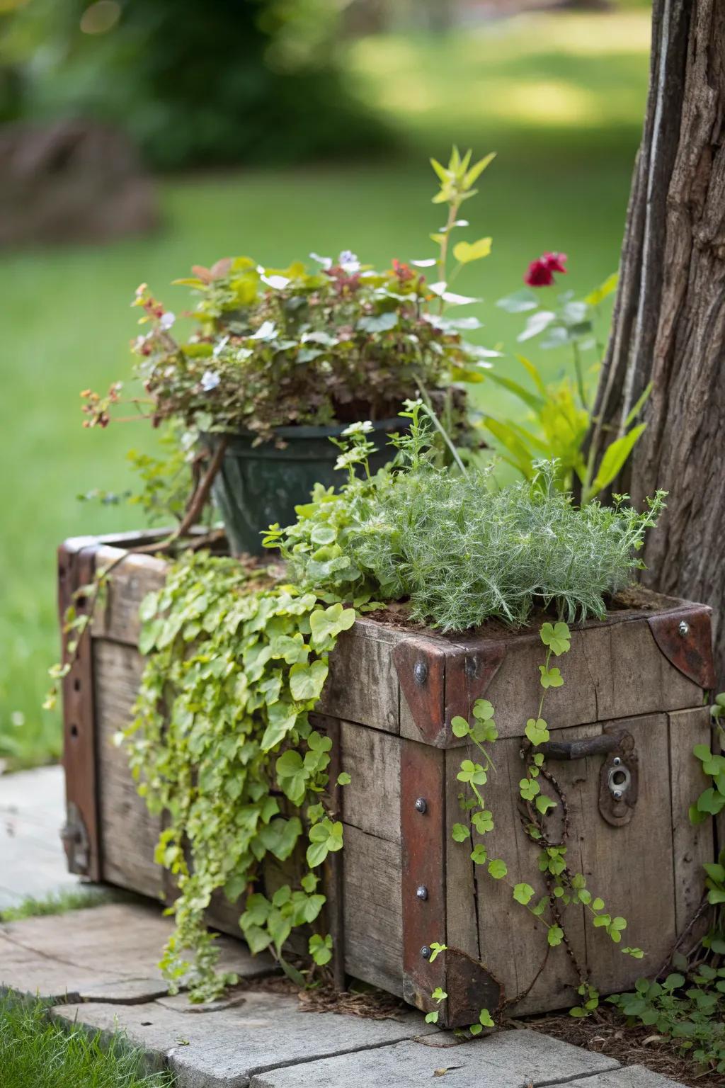 A trunk stands out as a unique planter, enriching the home with natural charm.